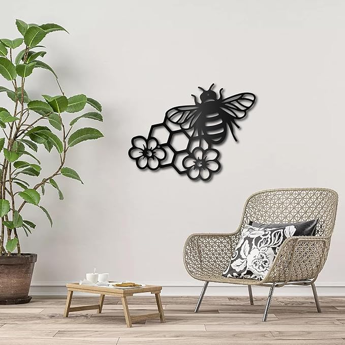 CREATCABIN Bees Metal Wall Art Decor Black Honey Wall Hanging Ornament Iron Wire Wall Art Flower Sculpture Decoration Sign Minimalist Wall Decor for Farmhouse Garden Bedroom Office Home 12 x 9Inch