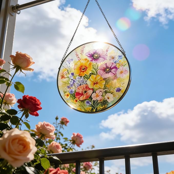 Stained Glass Window Hanging, 9.8 Inch Poppy & Wildflower Suncatcher for Window Hanging, Vibrant Glass Art for Garden Home Window Decor, Gift for Mom, Grandma, Wife, Nana