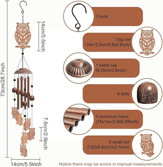 Owl Wind Chimes for Outside, Hanging Metal Windchimes Outdoors for Garden, Patio, Yard, Owl Gifts for Women, Men, Bird Lover, Garden Decor, Birthday, Festival, Memorial Gift with Box