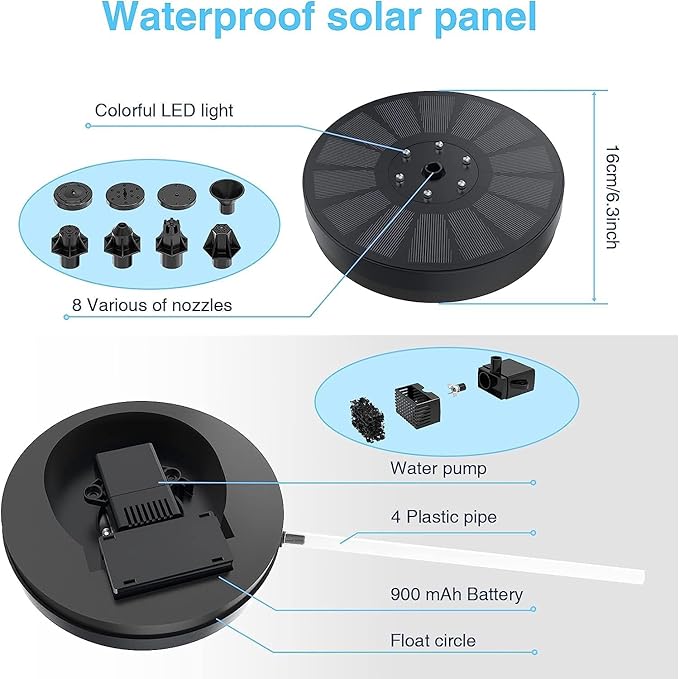 Solar Water Fountain,Upgrade 3W Solar Powered Bird Baths Fountains Pump, Solar Fountain with Lights 7 Nozzles Four fixators, Outdoor Bird Bath. GardenPond,Decorative Water Fountains.