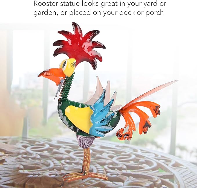 8.3 Inch Wacky Metal Rooster Garden Statue, Handcrafted Iron Rooster Decor for Outdoor Yard and Indoor Desk