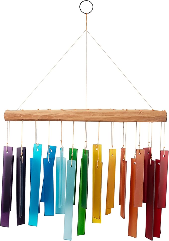 Blue Handworks Color Spectrum Glass and Driftwood Chime - Sandblasted Glass and Found Wood Hand Crafted Wind Chime