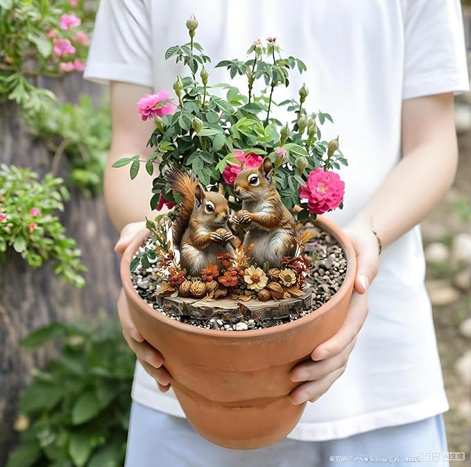 Garden Stake Decor, Acrylic 2D Flat Cute Animal Statue, Fairy Sculptures Ornament Indoor Outdoor Yard Lawn Pot Plant Decorative Accessories (Two Squirrels)
