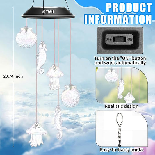 VIHOSE Solar Wind Chimes Lights Outdoor, Color Changing Hanging Solar Wind Chime, Seashell Starfish Mobile LED Lights for Outside Garden Yard Patio Decor, Waterproof