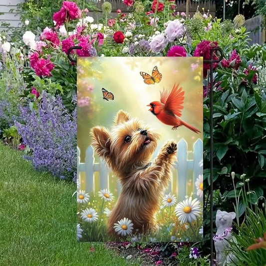 Spring Summer Garden Flags for Outside 12x18 Double Sided, Small Burlap Yorkie Dog Cardinal Floral Garden Flag Spring Summer Outdoor Yard Decorations