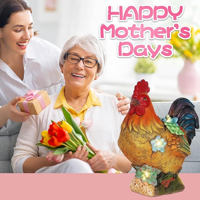 Solar Garden Statues Colorful Rooster and LED Lights Birthday Gifts for Women Mom Grandma Solar Outdoor Cat Decor for Outside,Outdoor Solar Lights for Yard, Garden and Patio, Unique Gift for Women