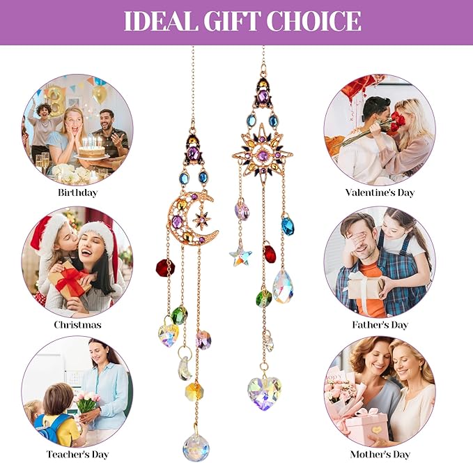 2 Pcs Crystal Hanging Ornaments, Sun & Moon Crystal Suncatcher, Hanging Crystals for Decoration, Window Ornament, Home Decoration, Ideal Gift