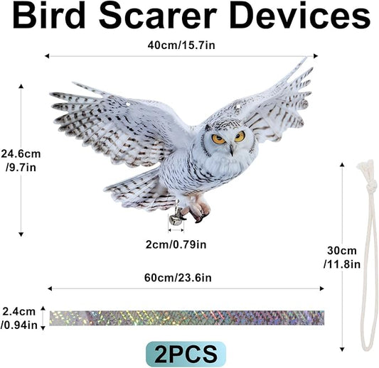 2Pack Fake Owls Reflective Owl Hanging Decoration, Barn Swallow Deterrent Dual-Side Printed Raster Fake Hawk to Scare Owl Pigeon Woodpecker Away from Patio Garden
