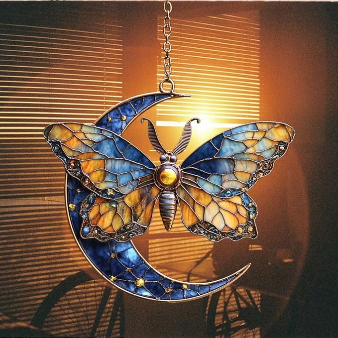 Vivid Tiffany Butterfly Moon Art Acrylic Suncatcher Stained Glass Effect Window Car Hanging Christmas Ornament Indoor Outdoor Decor Garden Sun Catcher Panel for Boho Lover for Women Mom Grandma