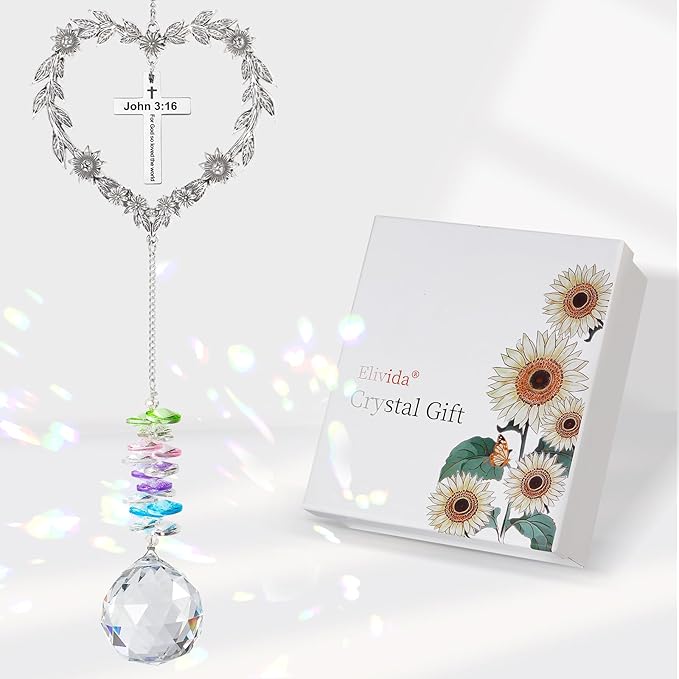 Christian Gifts for Women, Heart Shaped Suncatcher with Cross, John 3:16 Crystal Hanging Ornament, Inspirational Religious Birthday Catholic Spiritual & Baptism Confirmation Gifts for Girls
