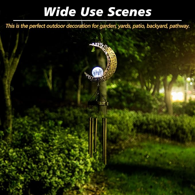 Asense Moon Wind Chimes with Crackle Glass Ball Solar Powered LED Lights, Outdoor Garden Decor, Lawn Yard Patio Decoration, Unique Hanging Decor Gifts