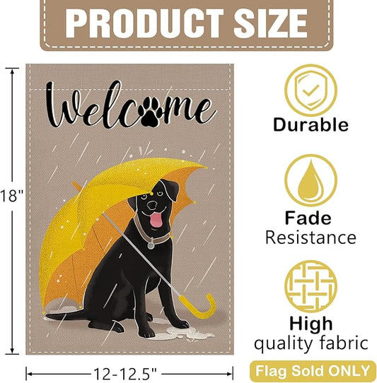 Dyrenson Welcome Black Labrador Dog Decorative Garden Flag, Yellow Umbrella Rainy Yard Outside Home Decoration Pet Lover Gift, Paw Print Seasonal Burlap Outdoor Small Decor Double Sided 12 x 18