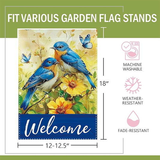 Welcome Spring Summer Bluebirds Decorative Garden Flag, Yellow Flower Butterfly Small Yard Outside Decorations, Farmhouse Floral Burlap Outdoor Home Decor Double Sided 12 x 18