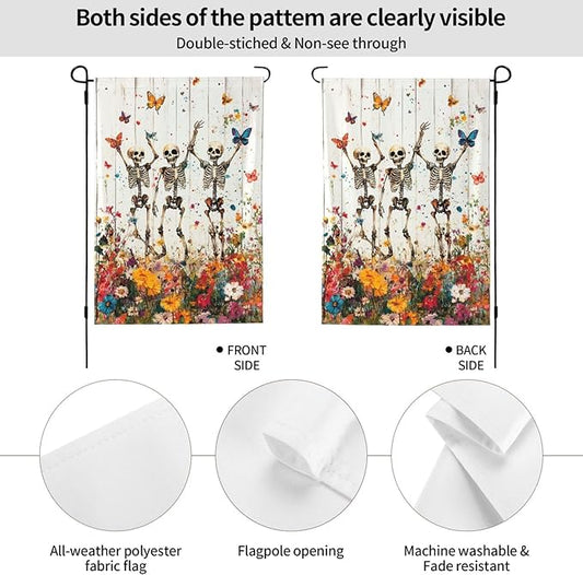 Skeleton Skull Wildflower Garden Flags 12×18 Inch Funny Double Sided Decorative Yard Banner Seasonal Flag for Outdoor Outside Decor