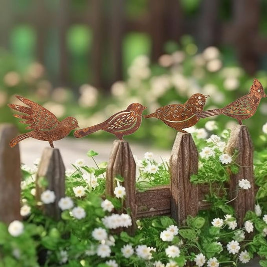 Garden Stake Rust Decoration - Set of 4 Patina Metal Bird Stake Garden Decorations with Screw Thread, Perfect for Garden, Patio, Balcony, and Fence Ornaments
