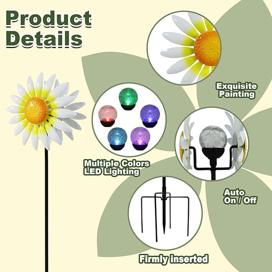 Decorative Metal Garden Daisy Wind Spinner, Decorative Garden Stakes, Daisy Wind sulpture for Yard Patio. Outdoor Yard Art. (White)