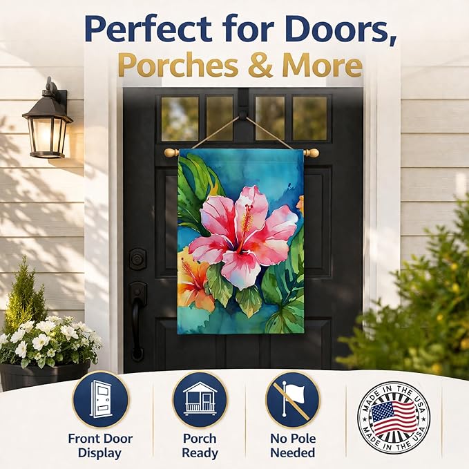 Caroline's Treasures Hawaii Hawaiian Hibiscus in Watercolor House Flag Large Porch Sleeve Pole Decorative Outside Yard Banner Artwork Wall Hanging, Polyester, House Size, Multicolor