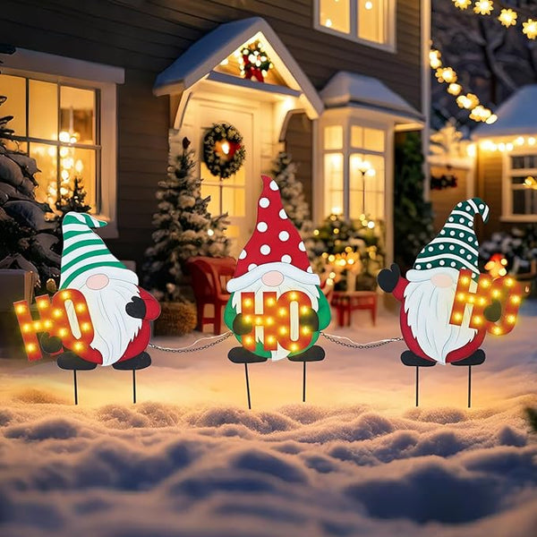 WONDER GARDEN 3 PCS Christmas Yard Signs Christmas Decorations Outdoor, Metal Xmas Yard Stakes Gnomes Lawn Decor, Xmas Garden Stakes with Led Lights for Patio Pathway Outside Decorations
