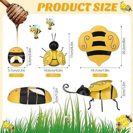 Hollowfly 10 Pcs Bee Stones Decor for Outside Metal Bees Stepping Stones Art Lawn Ornaments 3 Size Lively Holiday Yard Decorations Bee Gifts Mom Gifts Bees Yard Decorations