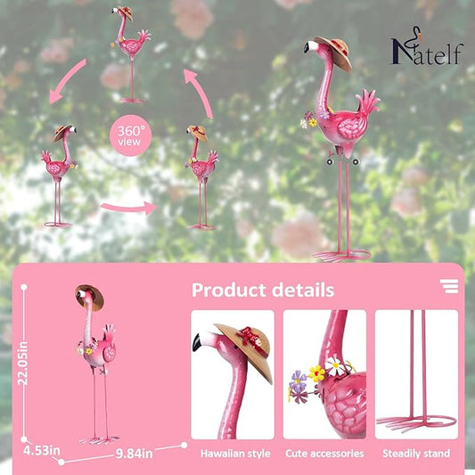 Natelf Flamingo Metal Garden Statue Outdoor Pink Hawaii Flamingo Yard Art Sculpture Decor with Flower Lei & Straw Hat, Waterproof Rust-Proof Lawn Decor for Patio, Poolside, Tropical Party