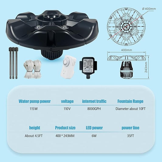 Pond Fountain Aerator,10000 GPH, 8 White LED Lights, Constant and Gradient Dual Modes,time Controller.35’ Power Cord, Classic Crown Spray Pattern 4’x10’for Pond, Lake, Swimming Pool& Water Garden