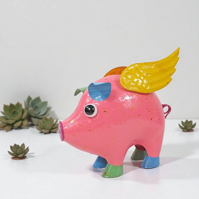 Colorful Enameled Metal Flying Pig Statue - Pink, Patio and Lawn Outdoor Garden Decor, Indoor Home Decoration, Yard Art, Farm Animal Sculpture