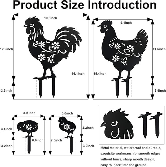 Flohuaer Chicken Metal Decorative Garden Stakes 4pcs Chicken for Women/Men Chicken Lovers Gifts Silhouette Statues for Outside Yard Art Outdoor Patio Lawn Ornaments Garden Decorations