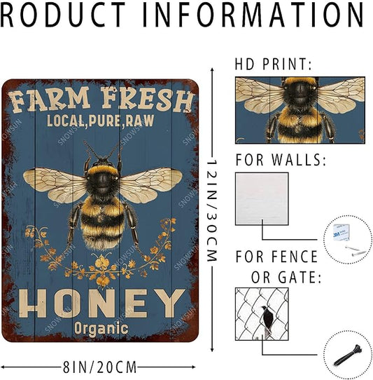 snowsun Metal Signs Farm Fresh Local Pure Raw Honey Funny Tin Sign Vintage Aluminum Sign Wall Decor for Living Room Bedroom Garden Yard Bar Cafe 8×12 Inches