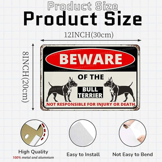 Beware Of The Dog Bull Terrier Sign Aluminum Metal Tin Signs Outdoor Yard Sign Warning Sign For Fence Yard Home Kitchen Farm Garden Wall Decor 8x12 Inch