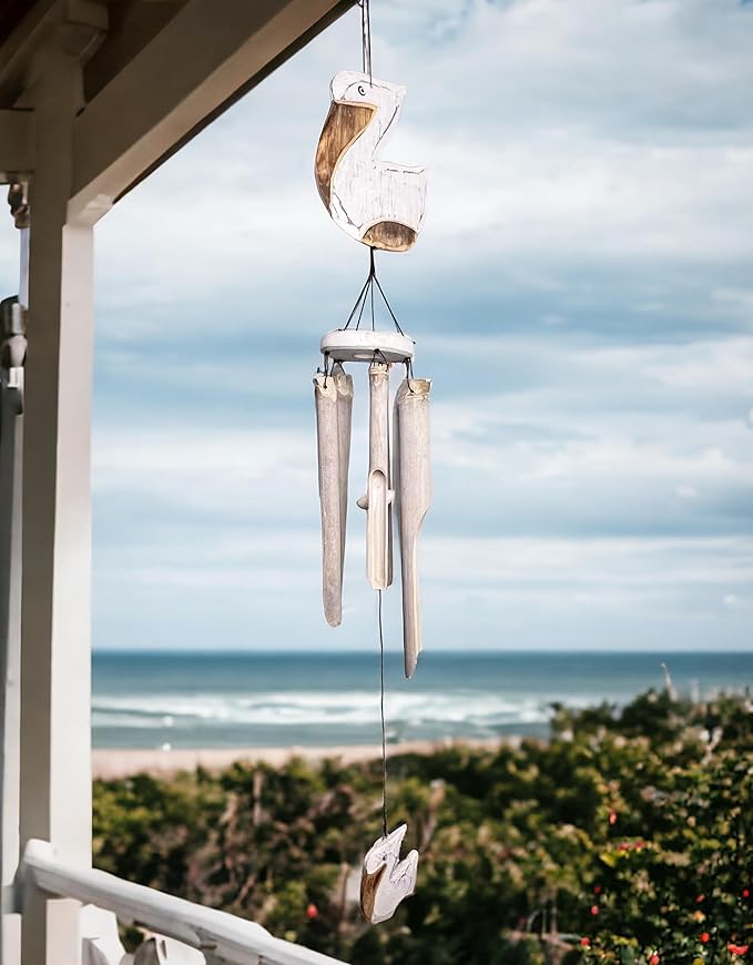Coastal Pelican Windchime – Whitewashed Bamboo & Distressed White Wood Hanging Outdoor Garden Décor – Relaxing Calming Deep Tones