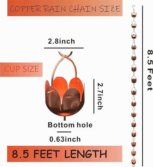 Pure Copper Garden rain Chain-Functional and Decor Replacement for Gutter Downspouts. Decor Rain Chime and Fountain. Lotus Design. One Free Adapter. 8.5 ft Length and 3 in Diameter,TF96325
