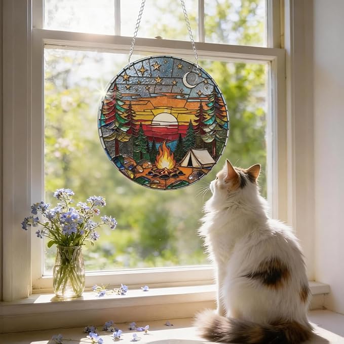Camping Life Acrylic Suncatcher, Christmas Tree Decor Ornaments, Window Hanging Nature Round Sun Catcher, Forest Window Wall Art for Home Office Decoration, Gift for Camping Lover