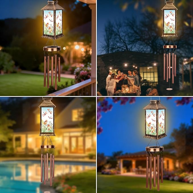 YHmall Wind Chimes for Outside, 37" Windchimes Outdoors Birthday Memorial Dragonfly Gifts for Women Mom Grandma, Hanging Solar Lantern Outdoor for Home Patio Yard Garden Decor