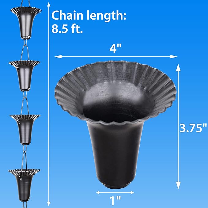 RainChains Pacific Fluted Cup Rain Chain 8.5ft Black Aluminum Rain Catcher Chain Decorative Rain Chains for Gutters.