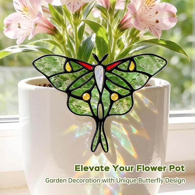 Luna Moth Sun Catcher Stained Glass - IDEA SHOW Handmade Real Glass Suncatcher Ornaments, Elegant Green Butterfly Memorial Gifts Design for Indoor and Outdoor Plant Decoration, Plant Lovers Gifts