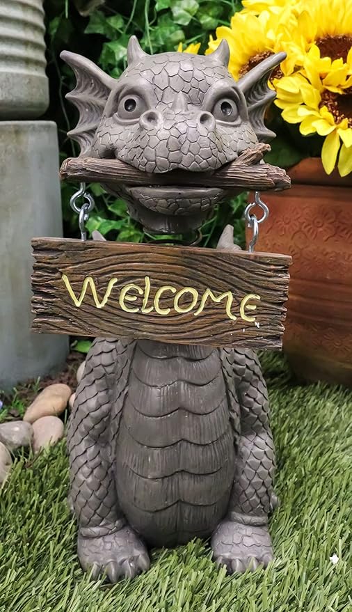 Ebros Gift Bienvenidos Welcome Sign Dragon Garden Greeter Bobblehead Statue Faux Stone Resin Finish 13.25" H