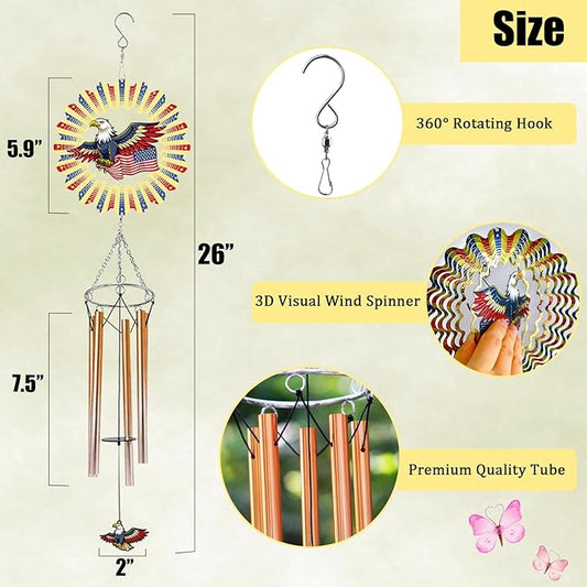 Wind Chimes with American Flag Eagle 3D Display Wind Spinner for Outside Garden Patio Yard Decor, Metal Windchimes Outdoor Hanging Decoration for Memorial Day Independence Day Patriotic