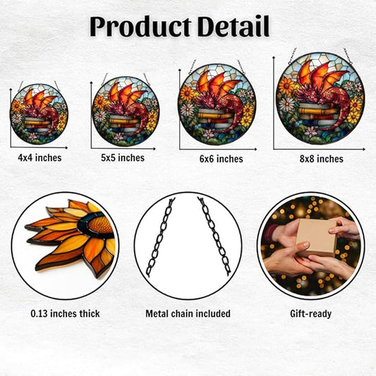 Sleeping Dragon on Books Acrylic Suncatcher Stained Glass Effect Window Car Hanging Christmas Ornament Indoor Outdoor Decor Garden Sun Catcher Panel for Book Lover for Women Mom Grandma