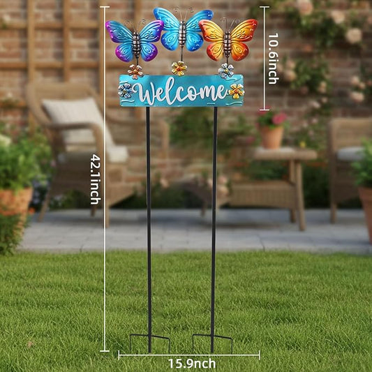 Large Butterfly Garden Stakes 42.1inch with Welcome Sign and Flowers, Butterfly Garden Decor Metal Yard Art for Spring, Lawn Ornaments, Pathway, Outdoor Summer Decorations