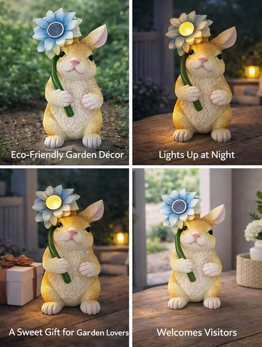 GoGnome Solar Rabbit Garden Statue with LED Flower – Hand-Painted Resin Bunny Figurine, Outdoor Solar Light Decor for Yard, Patio, Porch, Lawn (Rabbit)