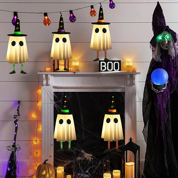 Set of 3 Halloween Hanging Ghosts,Halloween Decorations Outdoor Hanging Ghosts with Witch Hat,Glowing Ghost Witch Hat Light, Halloween Ghost Decor for Yard Patio Garden Tree Outside(3 Ghost Lighted)