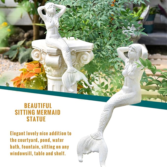 Sungmor 14.3" Tall Large Cast Iron Mermaid Statue, Sitting Mermaid Sculpture Decoration for Pool Pond Birdbath Shelf Desk, Rustic White Garden Figurines for Indoor Outdoor Fish Tank Fountain Rockeries