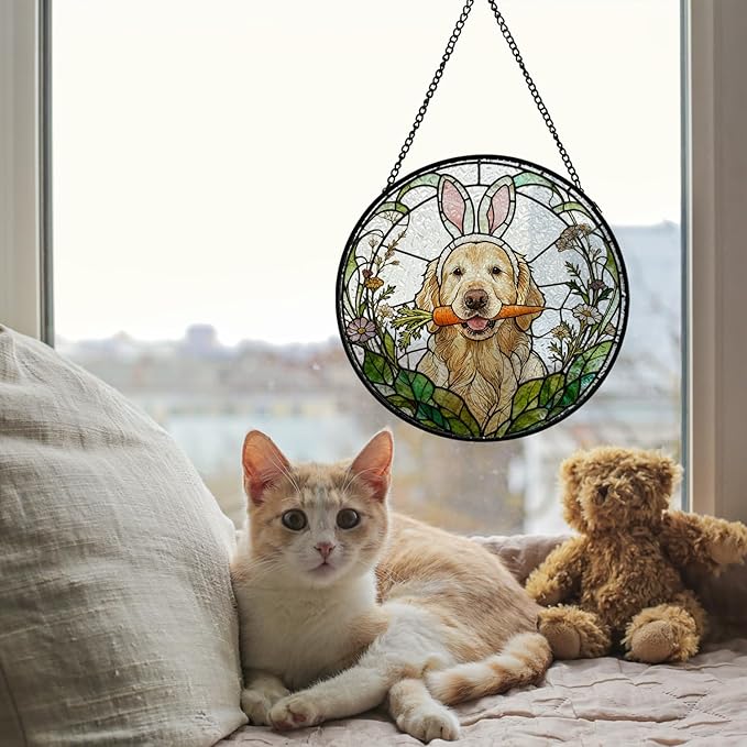 Easter Carrot Golden Retriever Stained Glass Window Hanging, Spring Flower Bunny Ear Dog Suncatcher Indoor Window Glass Round Wall Art Decor, 7.9x7.9 Inch