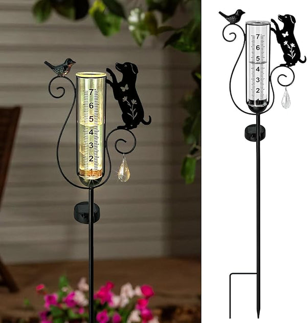 Rain Gauge Outdoor with Large Number Scale,Solar Powered Decorative Dog and Bird Garden Stake for Outside,Yard, Lawn, Pathway