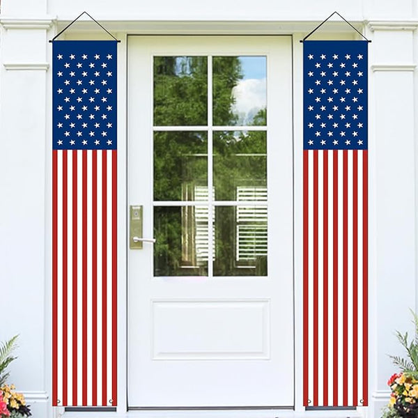 Memorial Day 4th of July Decorations, Large Hanging American Flag Door Banner, July Fourth Front Porch Decor for Home School Office Yard Patio Garage Outside, Patriotic Decor Outdoor Indoor