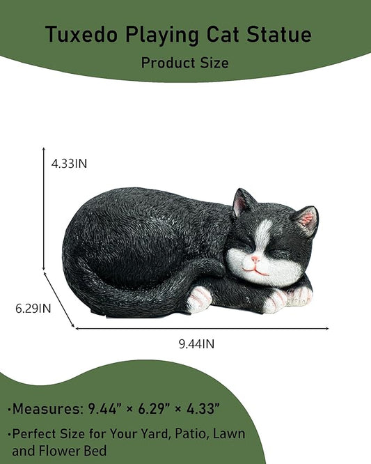 Elenon Cat Garden Statue Decorative for Yard, Black & White Sleeping Cat Figurines Home Lawn Decor, Patio Kitten Tuxedo Statues Pets Memorial Ornament for Cat Lovers