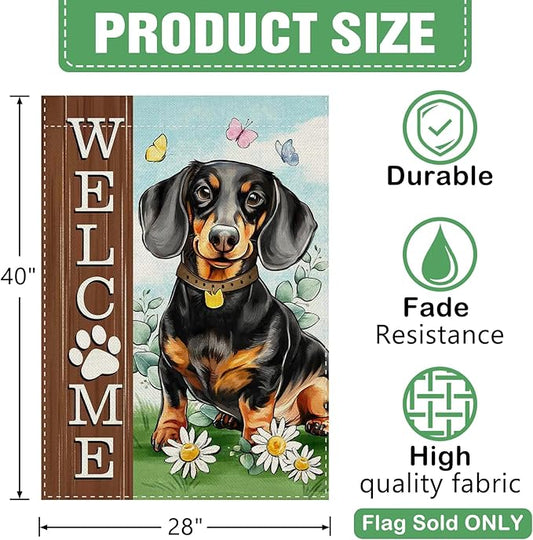 Dyrenson Welcome Dachshund Dog 28 x 40 House Flag Double Sided, Paw Prints Garden Yard Decoration Pet Owner Lover Gift, Spring Summer Burlap Outdoor Decor Decorative Large Flag