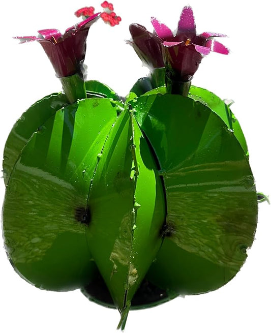 Handmade Metal Bisnaga Cactus with Flowers - Garden Art Decor (Lime)