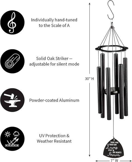 Evergreen Hand Tuned Memorial Wind Chime for Outside | Stay in Our Hearts Forever | Scale of A | Deep Tone | Powder-Coated Metal | Black | 30-Inches Tall | Sympathy Gift for Home Garden Decoration