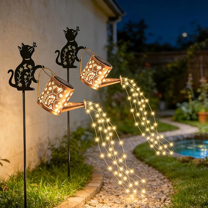 Solar Outdoor Garden Decorative Watering Can with Light, Featuring Metal Cat Silhouette Garden Stake, Waterproof Garden Decor,for Lawns, Pathways,Garden Gift for Women